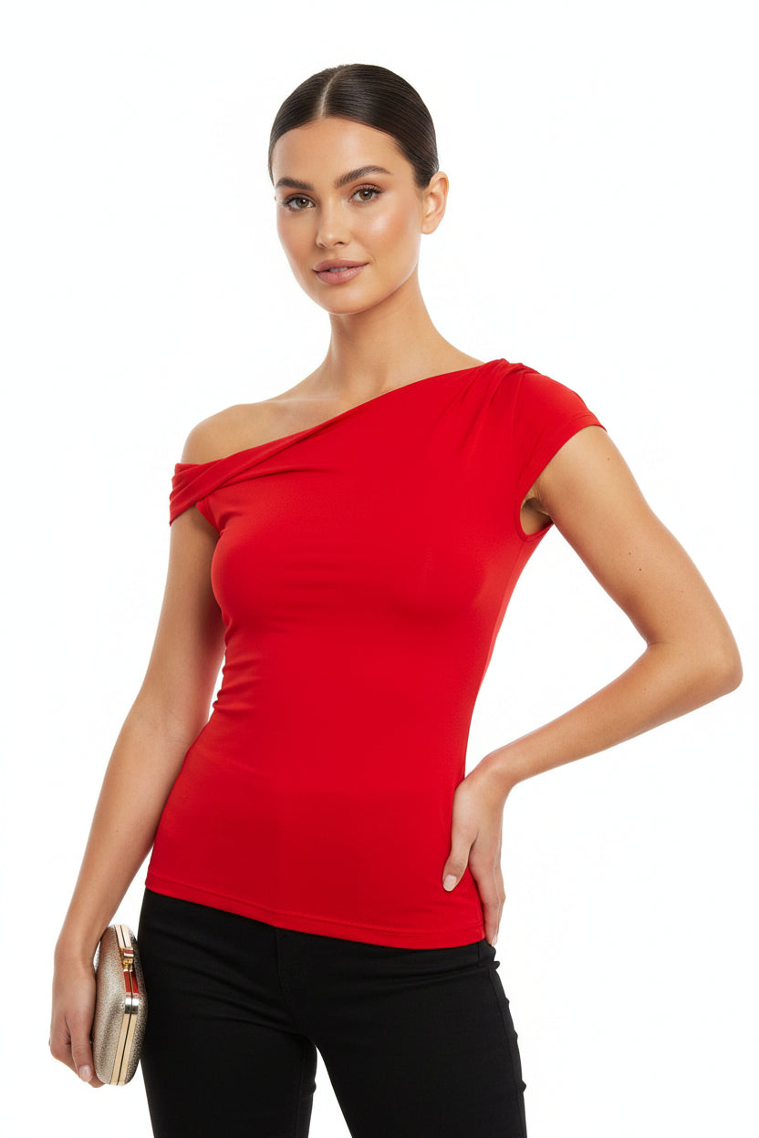Maglietta donna monospalla in cotone con scollo diagonale e vestibilità aderente