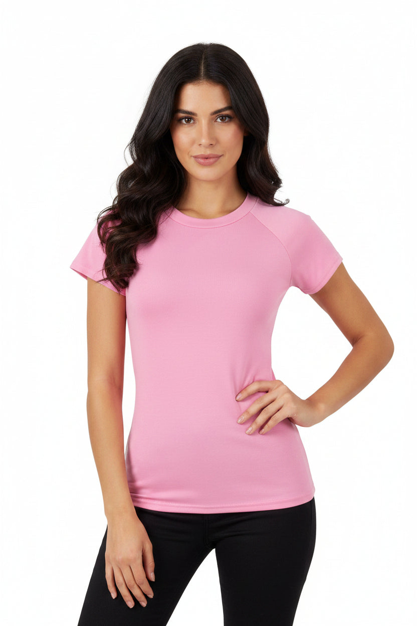 Maglietta donna estiva slim fit in tinta unita elasticizzata con girocollo e manica corta