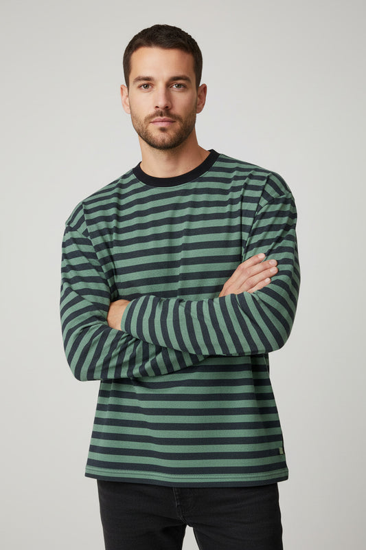 Maglietta per uomo a righe colore verde e nero traspirante e leggero