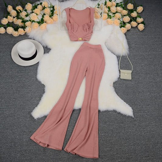 Set Due Pezzi Donna: Top Corto e Pantaloni Gamba Larga Vita Alta | LowEconomy