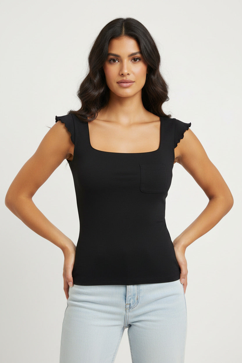 Maglietta estiva per donna con taschino frontale modello slim fit con scollo a u