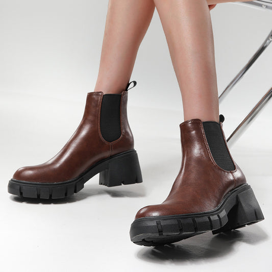 Stivali con Tacco Pesante e Suola Spessa Donna - Stivaletti Corti Punta Tonda