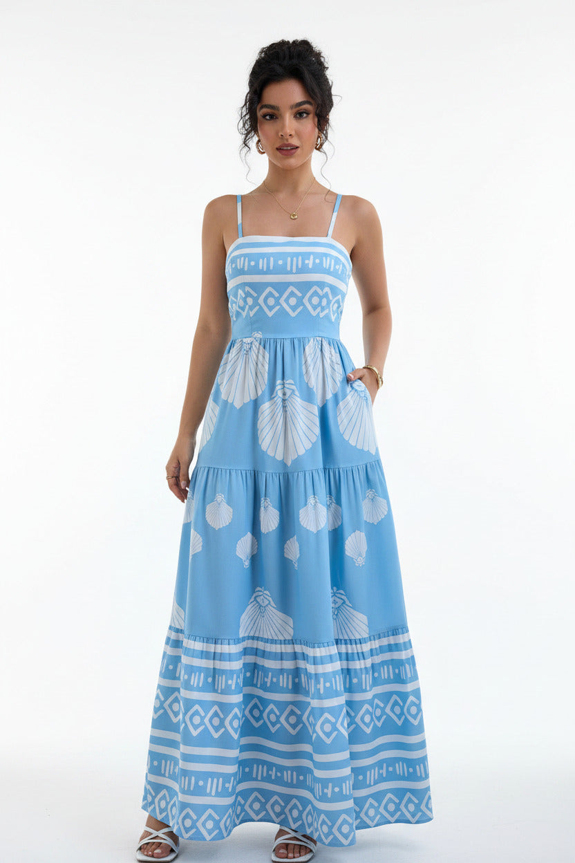 Vestito estivo per donna lungo colore celeste e bianco