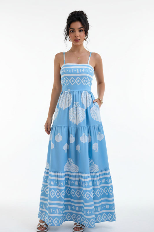 Vestito estivo per donna lungo colore celeste e bianco