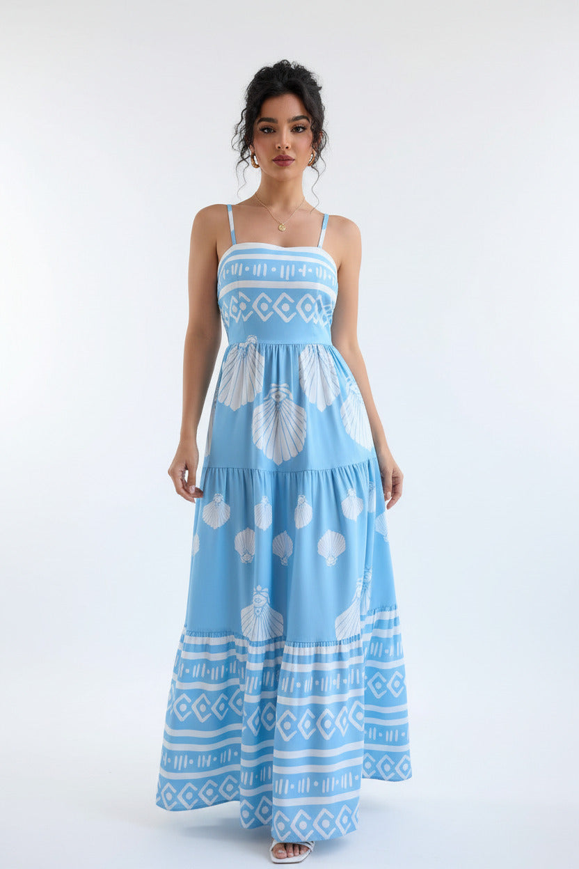 Vestito estivo per donna lungo colore celeste e bianco