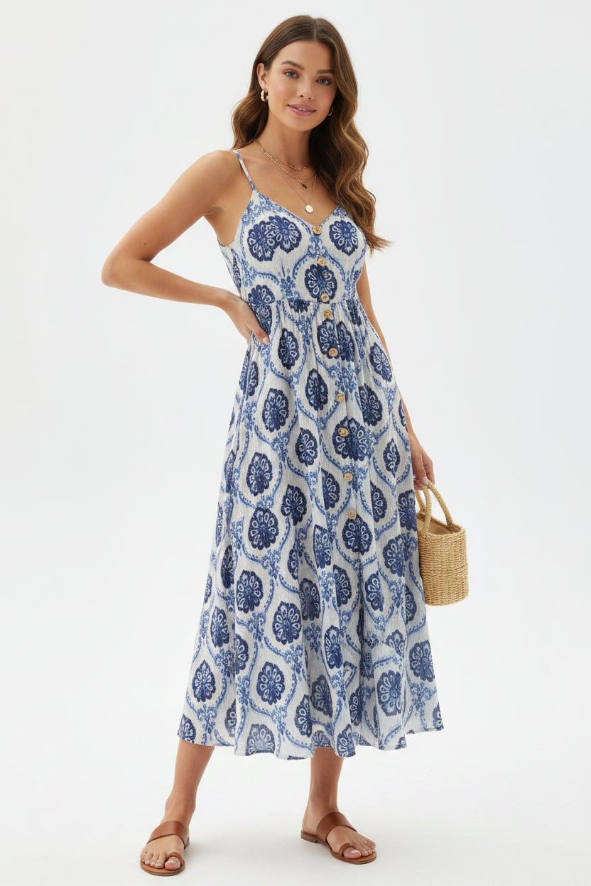 Vestito lungo estivo da donna bianco e celeste con scollo a V senza maniche