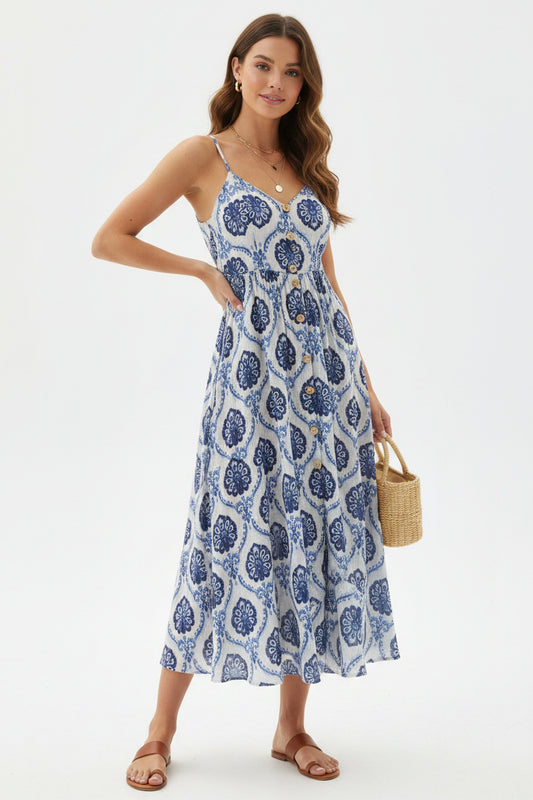 Vestito lungo estivo da donna bianco e celeste con scollo a V senza maniche