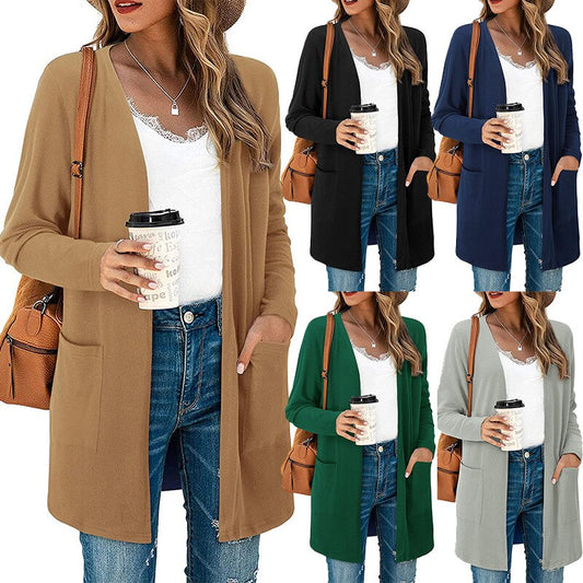 Maglione europeo e americano da donna in tinta unita casual cardigan lavorato a maglia con tasca - Loweconomy
