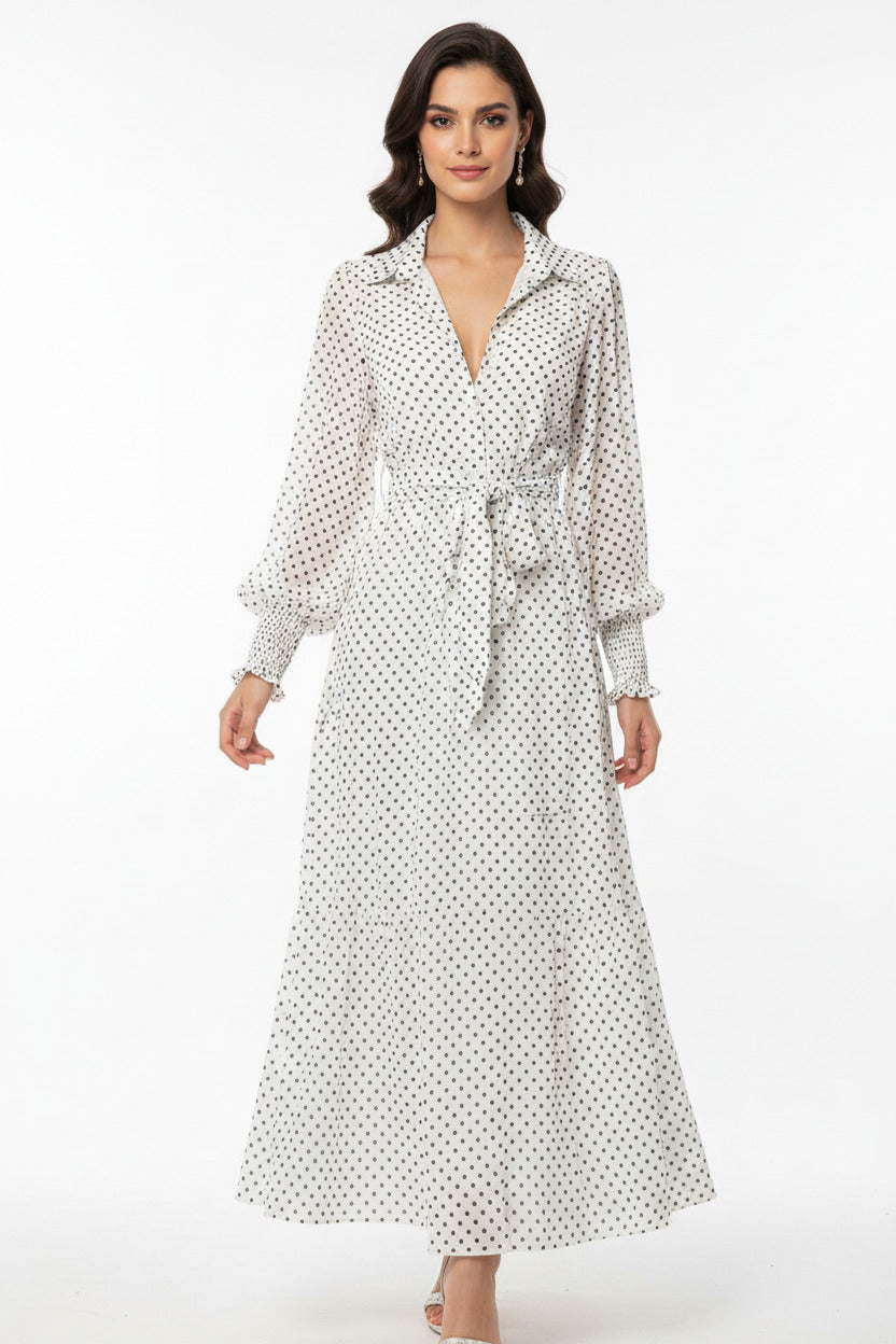 Vestito estivo lungo a pois per donna con cintura, spedizione gratuita