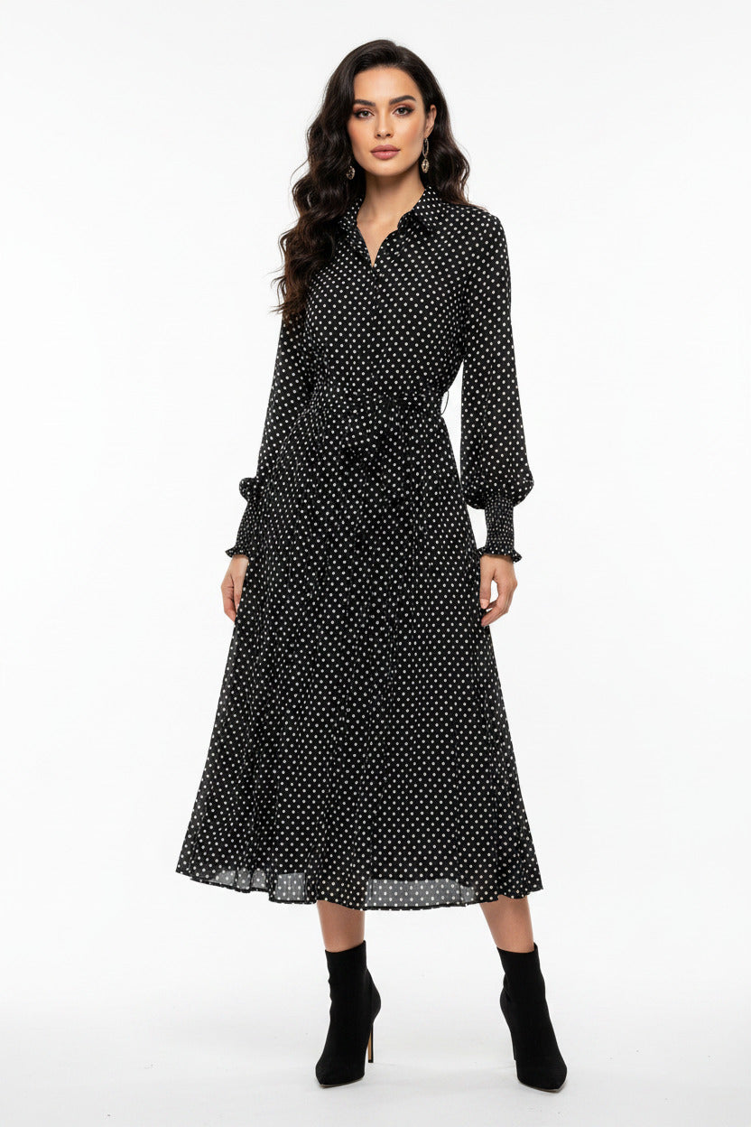 Vestito estivo lungo a pois per donna con cintura, spedizione gratuita