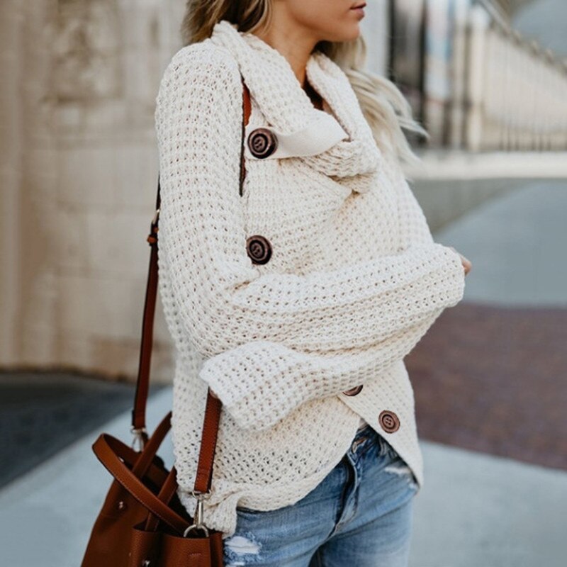 Maglioni lavorati a maglia a collo alto da donna Pullover a maniche lunghe  con bottoni - Loweconomy