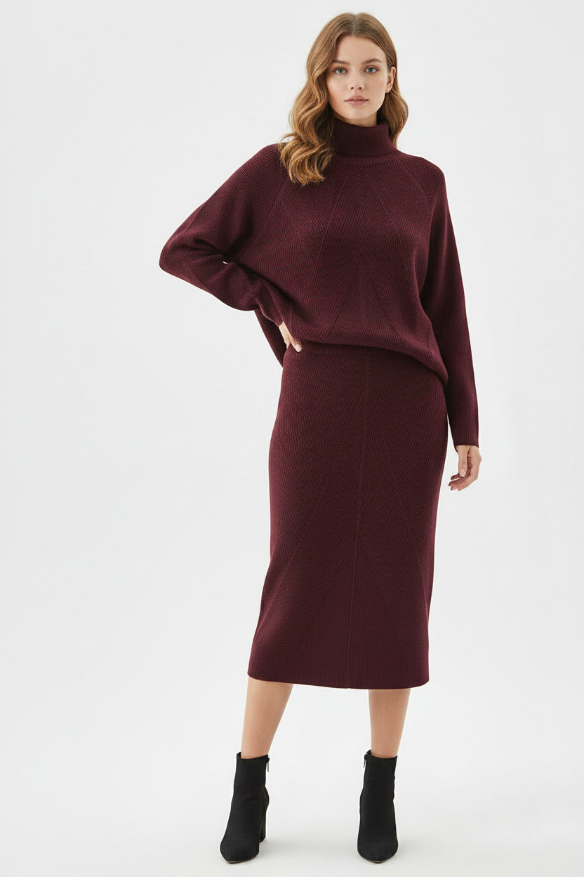 Abito da lavoro a maglia da donna autunnale con collo alto e maglione pullover tinta unita + gonna sottile in due pezzi - Loweconomy
