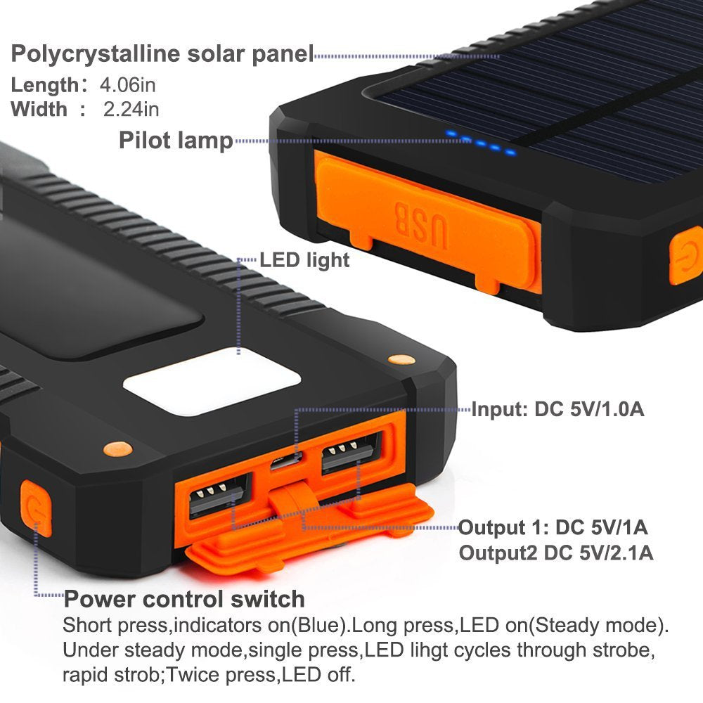 Power bank solare da 20.000 mAh con pannello ad alta efficienza, carica simultanea, ideale per attività all'aperto