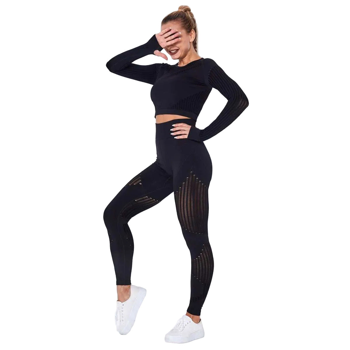 Set palestra donna seamless con leggings vita alta e top manica lunga