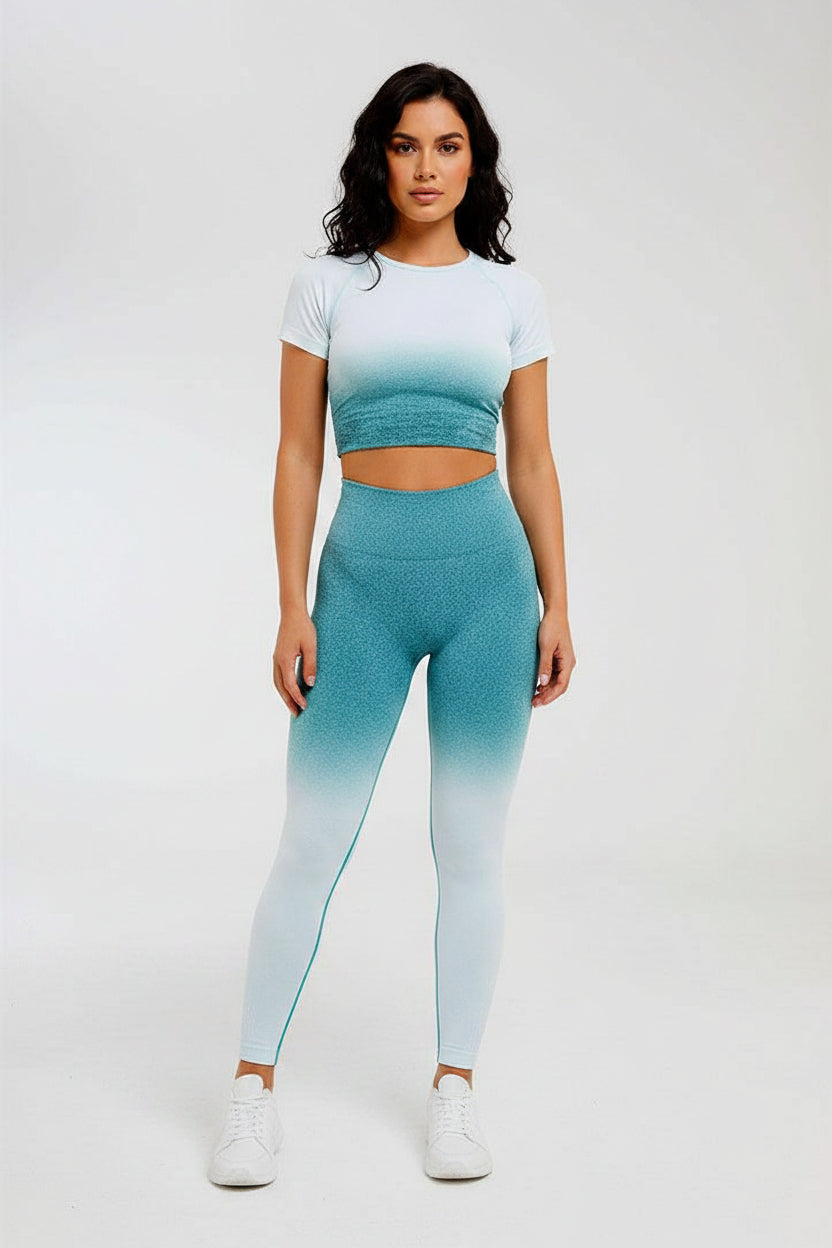 Tuta sportiva da donna a manica corta sfumata Abbigliamento da palestra senza cuciture Donna Palestra Yoga Set Leggings fitness - Loweconomy