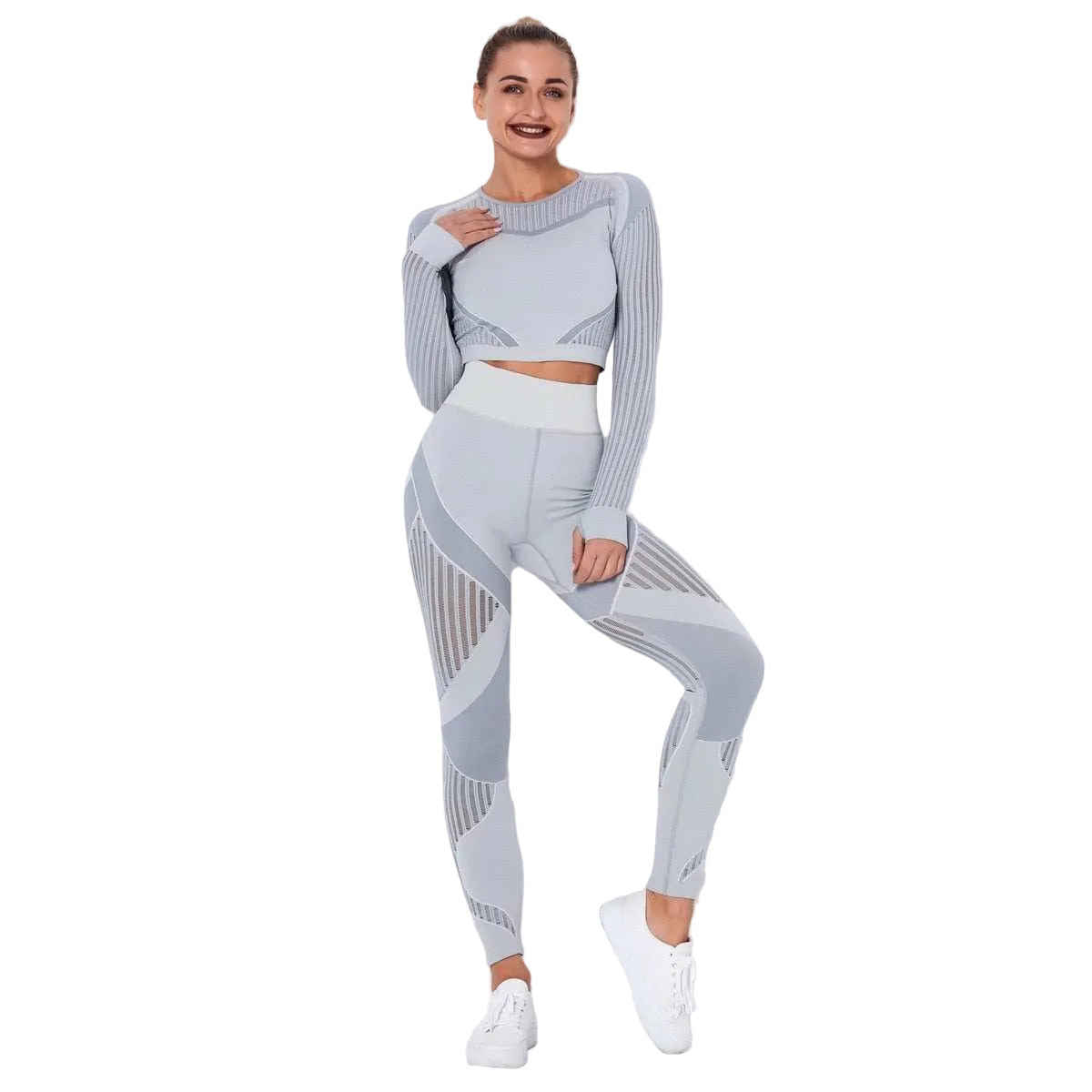 tuta sportiva Gym Sets High Waist Gym Mesh Leggings Shirts Suit Long Sleeve Fitness - Loweconomy