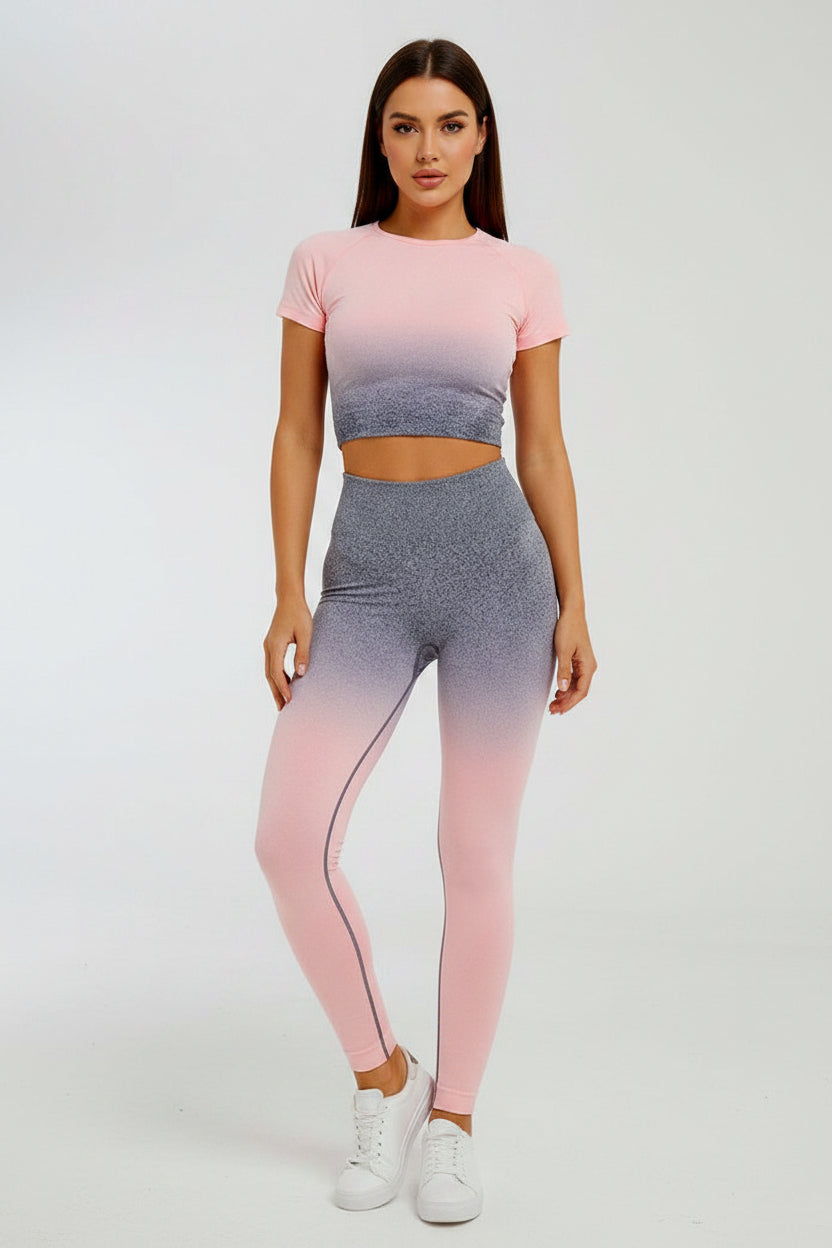 Tuta sportiva da donna a manica corta sfumata Abbigliamento da palestra senza cuciture Donna Palestra Yoga Set Leggings fitness - Loweconomy