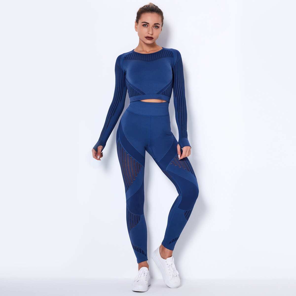 tuta sportiva Gym Sets High Waist Gym Mesh Leggings Shirts Suit Long Sleeve Fitness - Loweconomy
