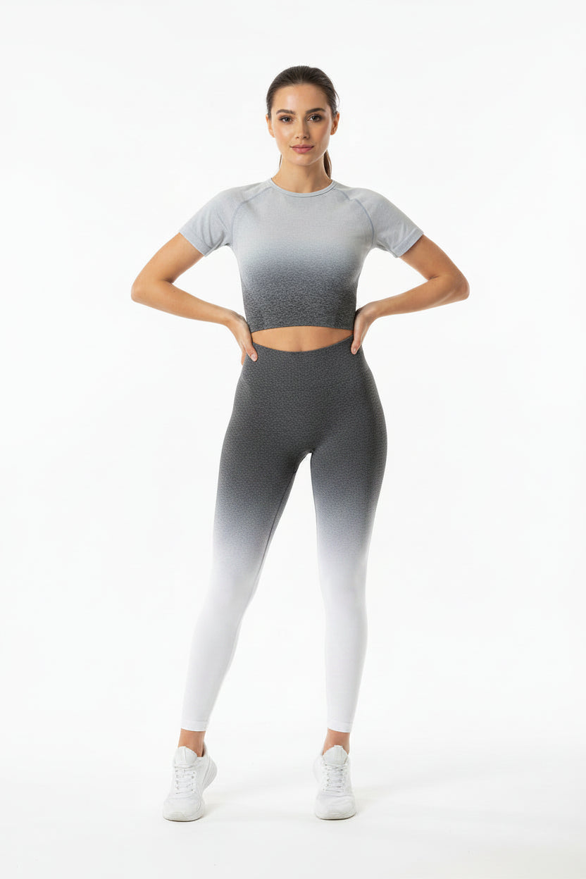 Tuta sportiva da donna a manica corta sfumata Abbigliamento da palestra senza cuciture Donna Palestra Yoga Set Leggings fitness - Loweconomy
