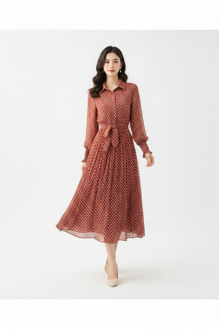 Vestito estivo lungo a pois per donna con cintura, spedizione gratuita