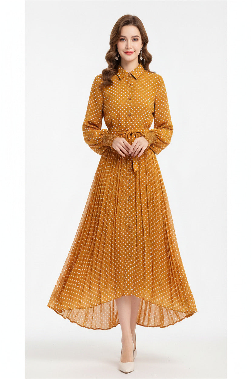 Vestito estivo lungo a pois per donna con cintura, spedizione gratuita