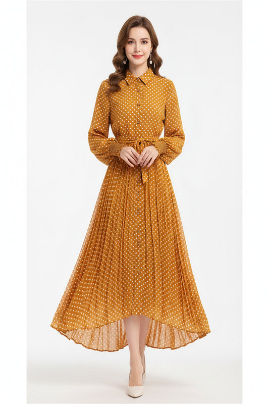 Vestito estivo lungo a pois per donna con cintura, spedizione gratuita