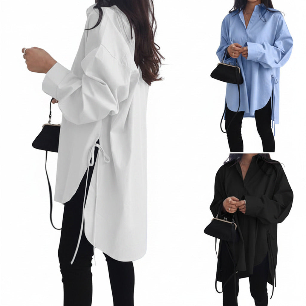 Camicia donna assimetrica lunga con lacci elegante, oversize con spedizione gratuita