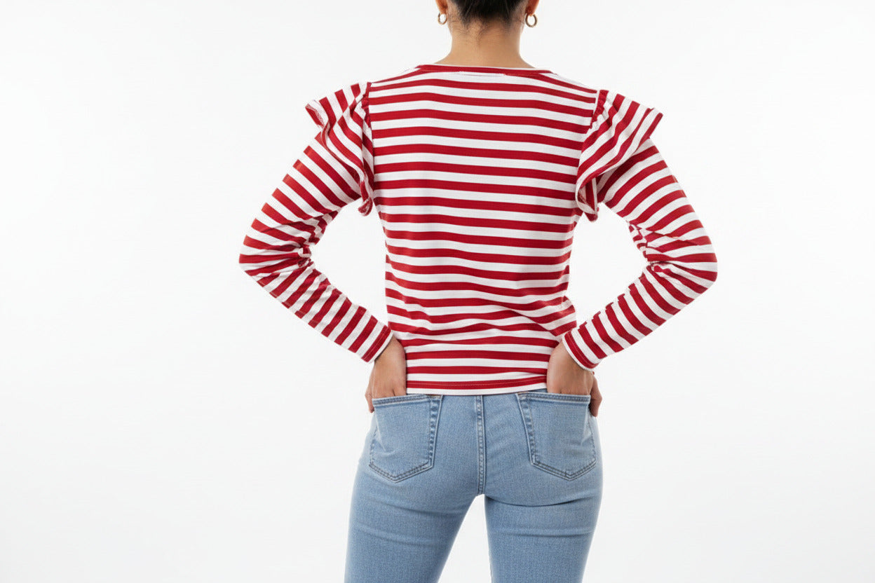 maglietta donna elegante manica lunga ufficio con volant sulle spalle
