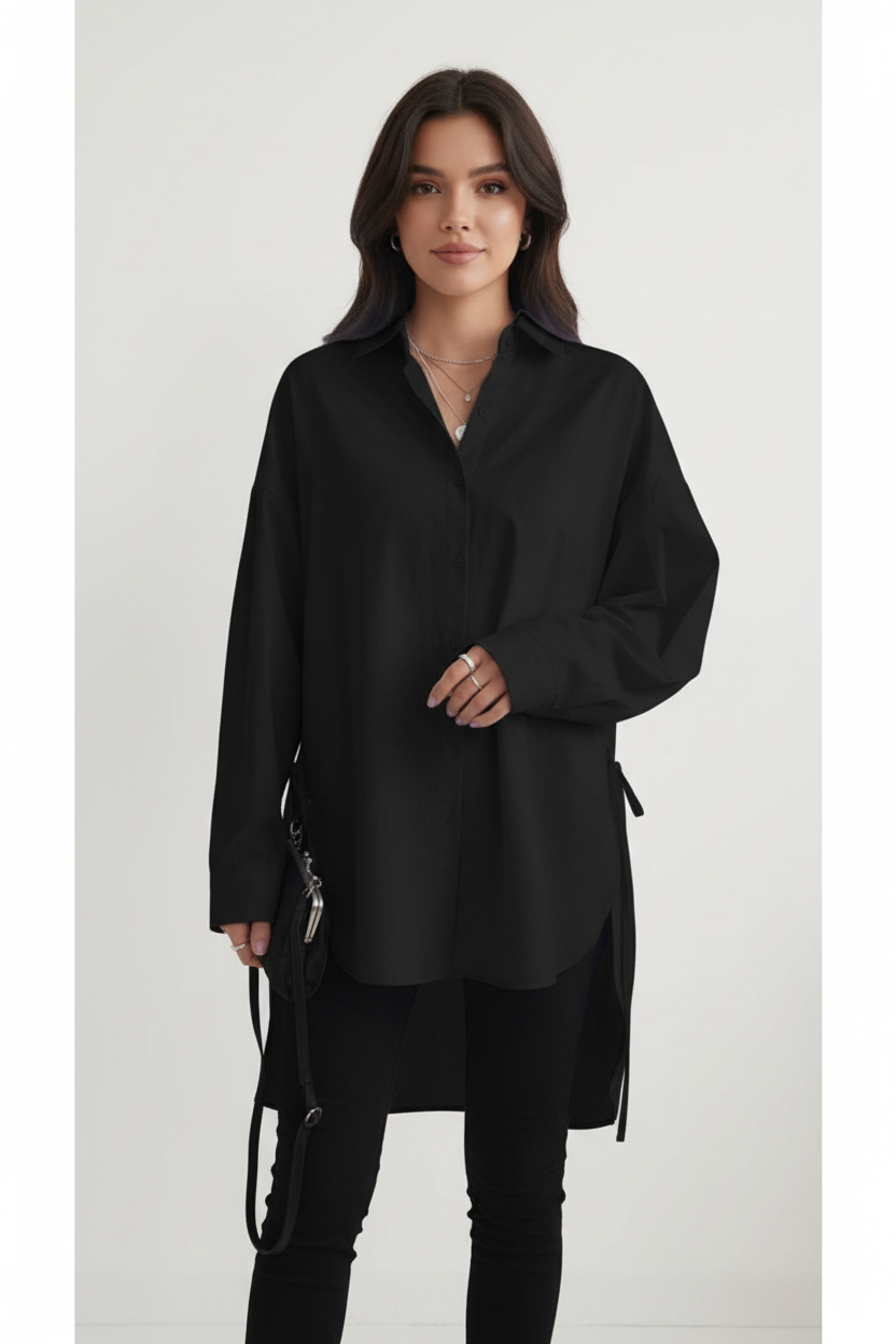 Camicia donna assimetrica lunga con lacci elegante, oversize con spedizione gratuita