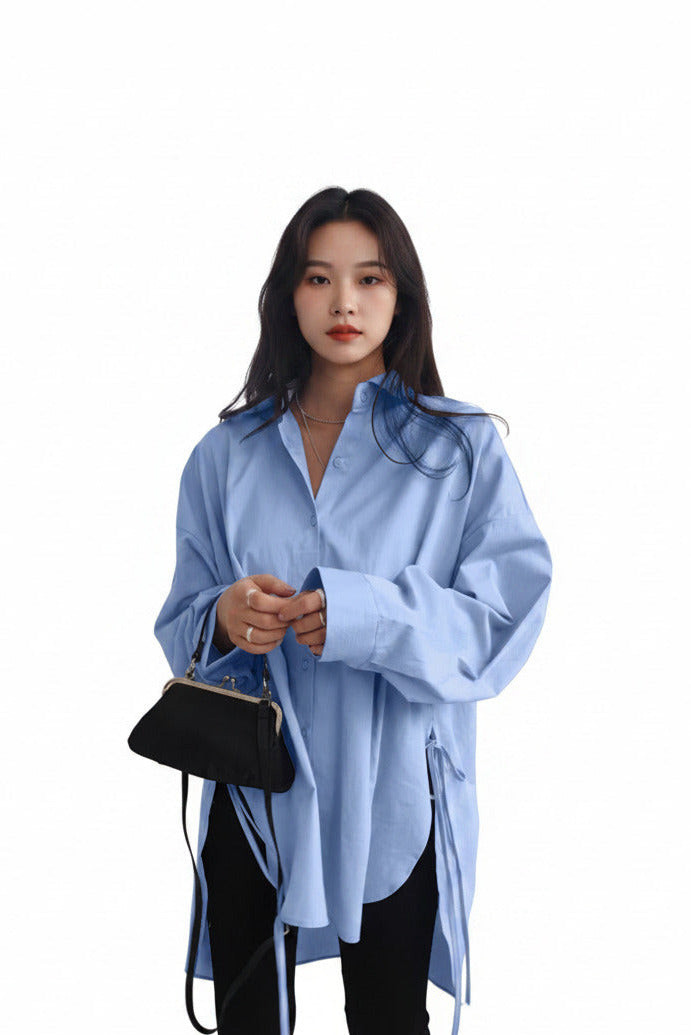 Camicia donna assimetrica lunga con lacci elegante, oversize con spedizione gratuita
