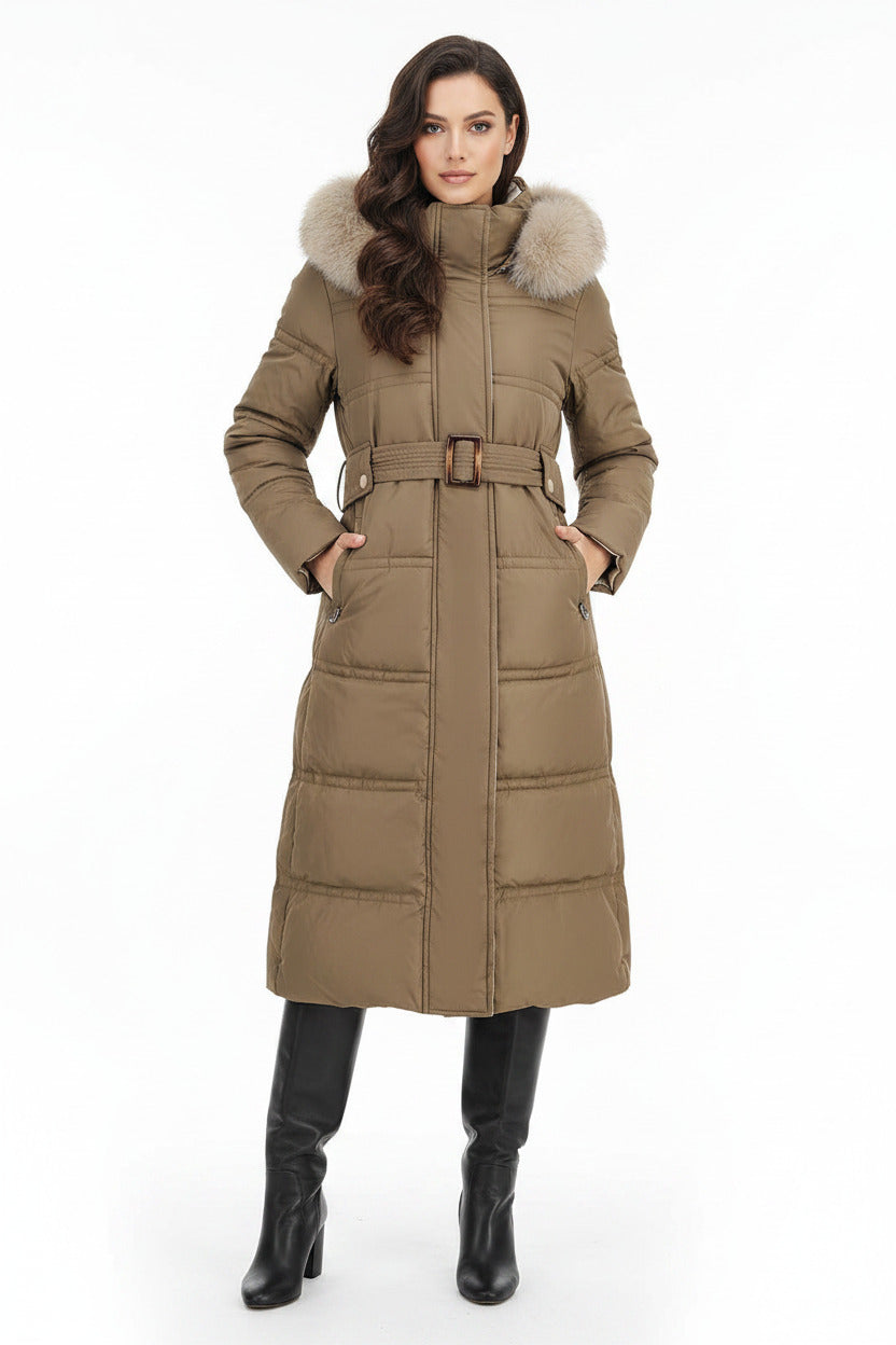Giubbotto lungo per donna imbottito con cappuccio, cappotto elegante antivento
