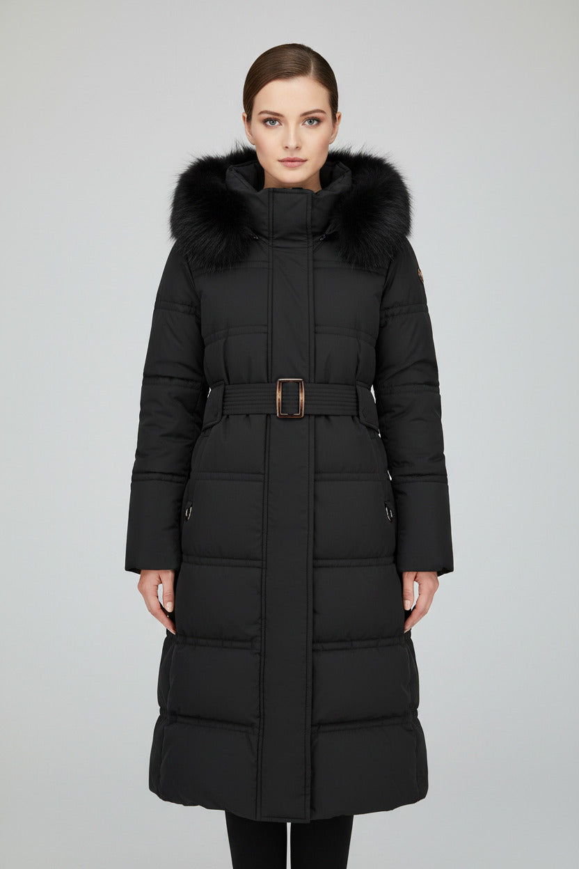 Giubbotto lungo per donna imbottito con cappuccio, cappotto elegante antivento