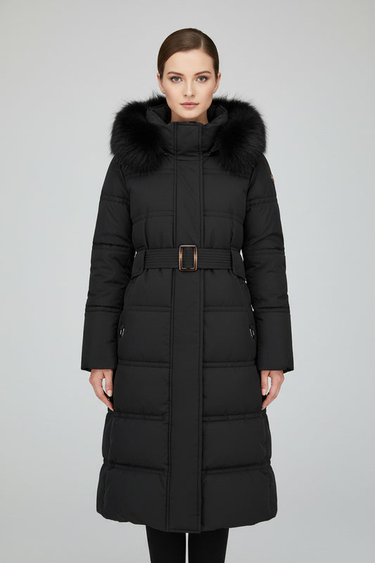 Giubbotto lungo per donna imbottito con cappuccio, cappotto elegante antivento