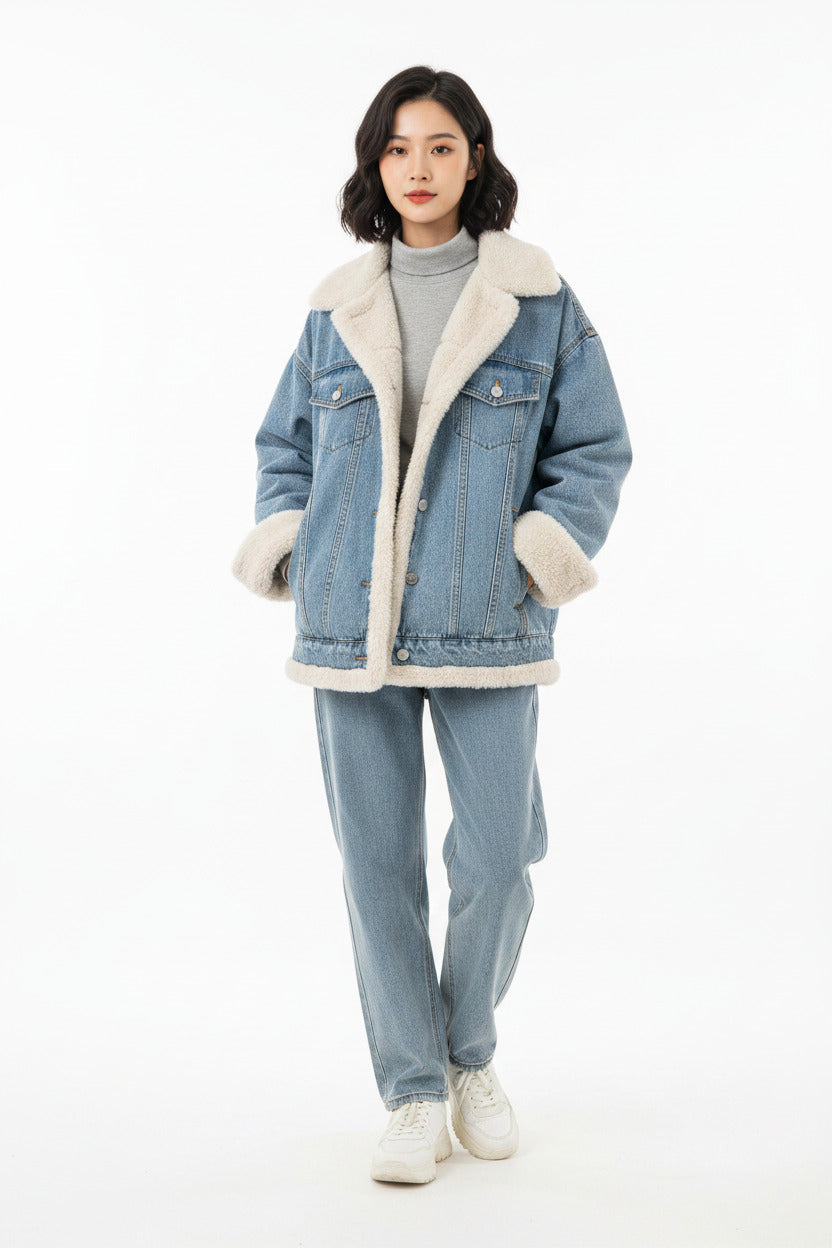 Giubbotto per donna riversibile, a doppio petto invernale, giacca stile jeans