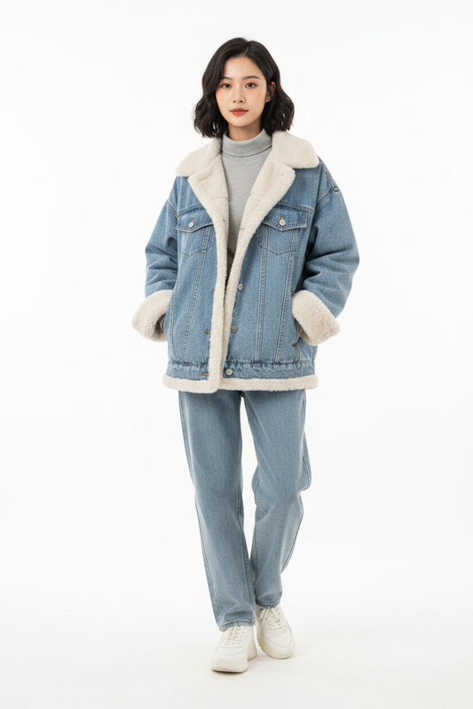 Giubbotto per donna riversibile, a doppio petto invernale, giacca stile jeans