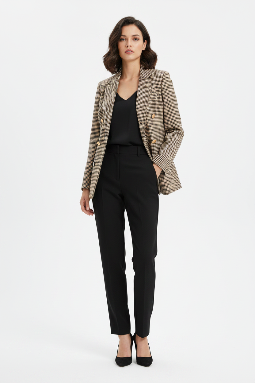Giacca da donna a quadretti e bottoni stile classico e moderno