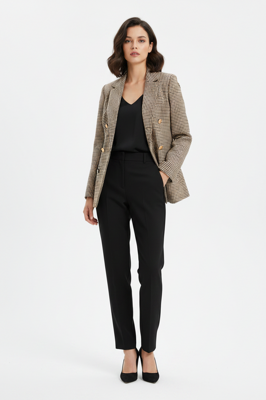 Giacca da donna a quadretti e bottoni stile classico e moderno