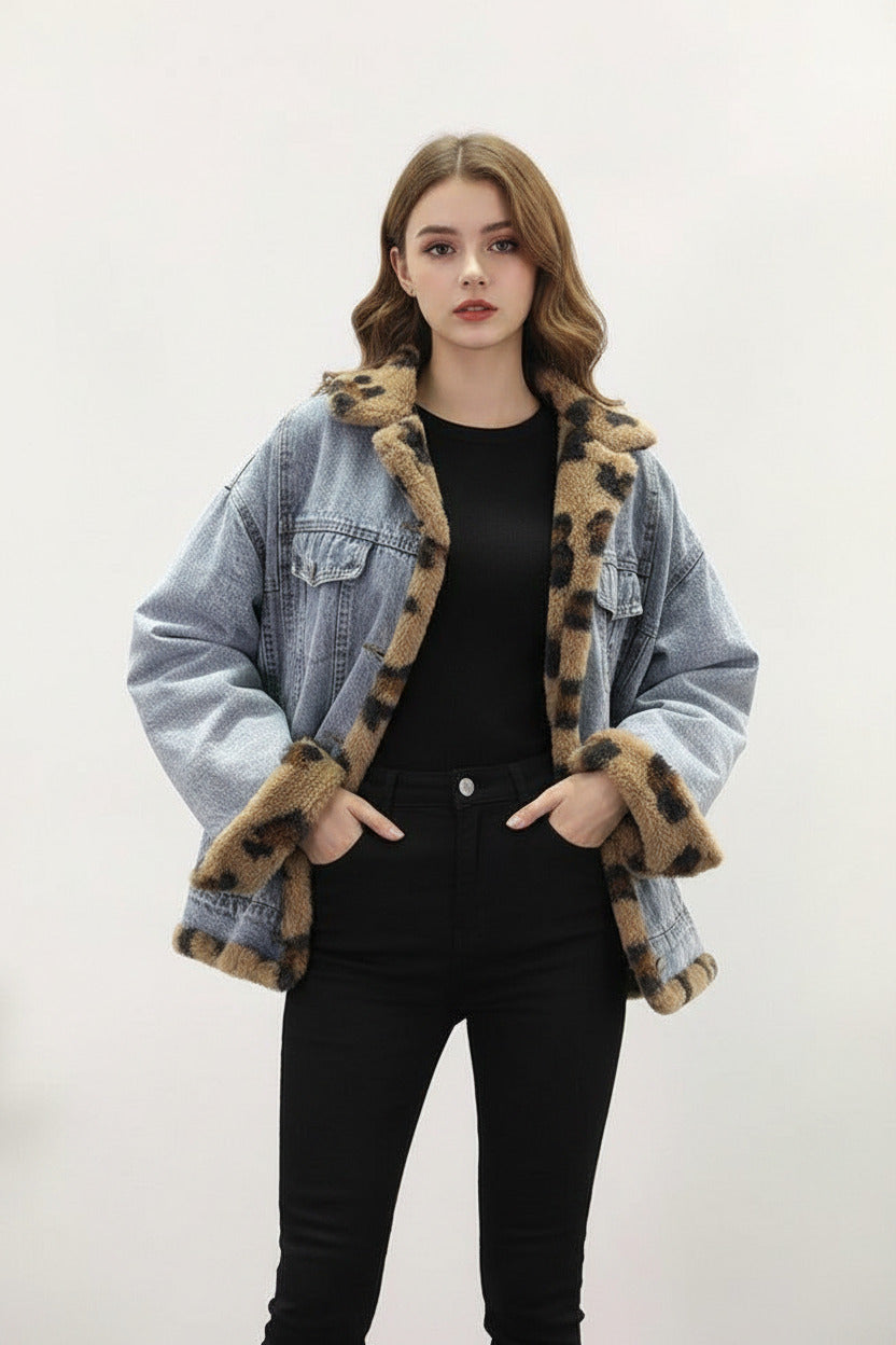 Giubbotto per donna riversibile, a doppio petto invernale, giacca stile jeans