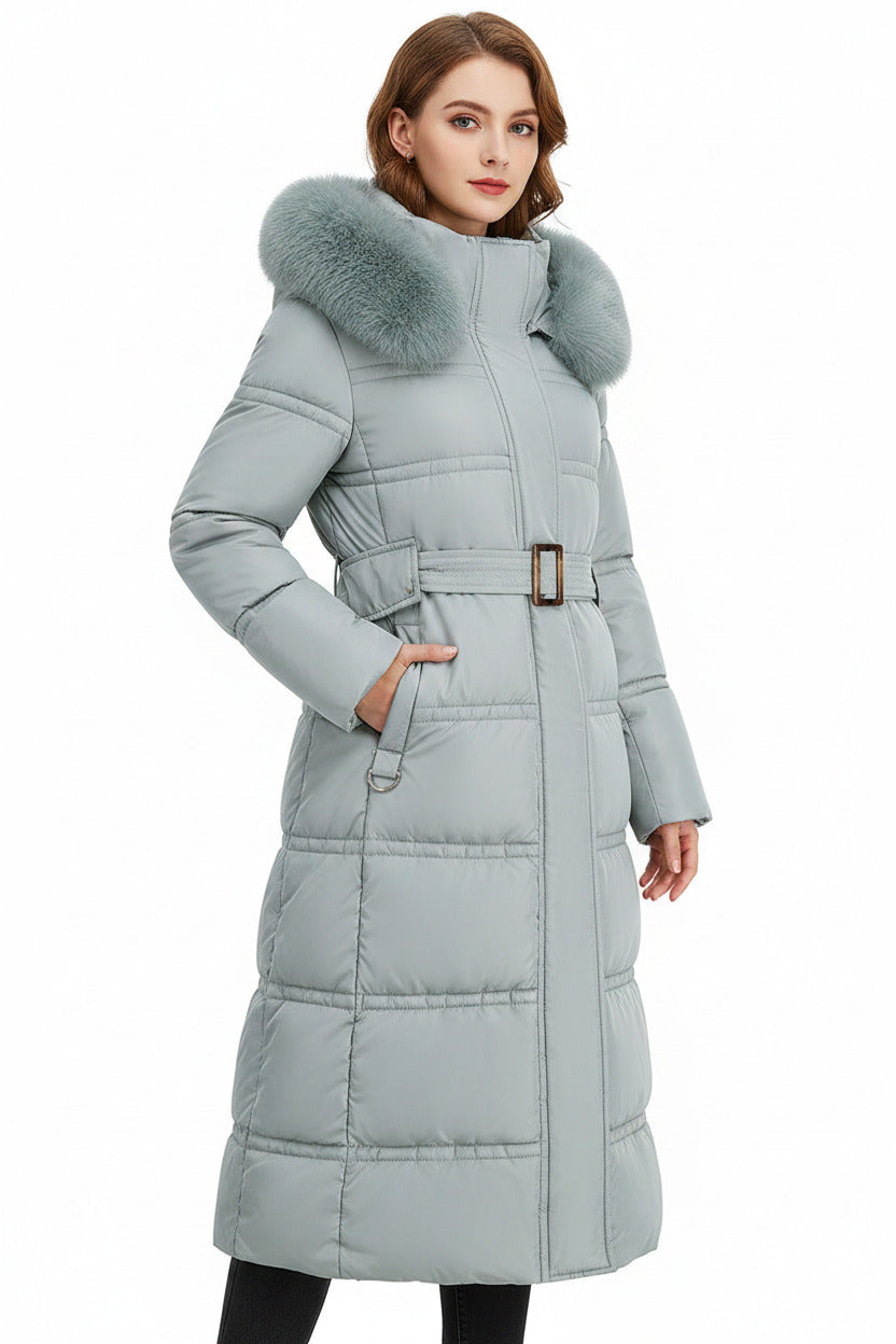 Giubbotto lungo per donna imbottito con cappuccio, cappotto elegante antivento