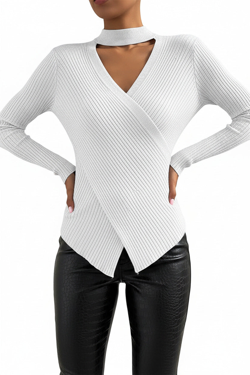 Maglietta donna economica con scollo a triangolo, manica lunga in tinta unica