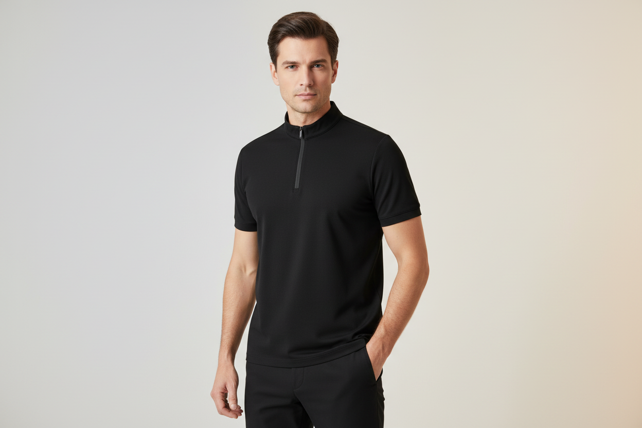 Polo da uomo economica in tinta unita con cerniera - Loweconomy