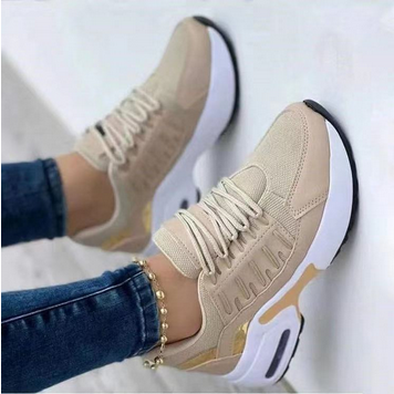 Scarpe sportive da donna con tacco a zeppa in tessuto colore beige, eleganti e comode
