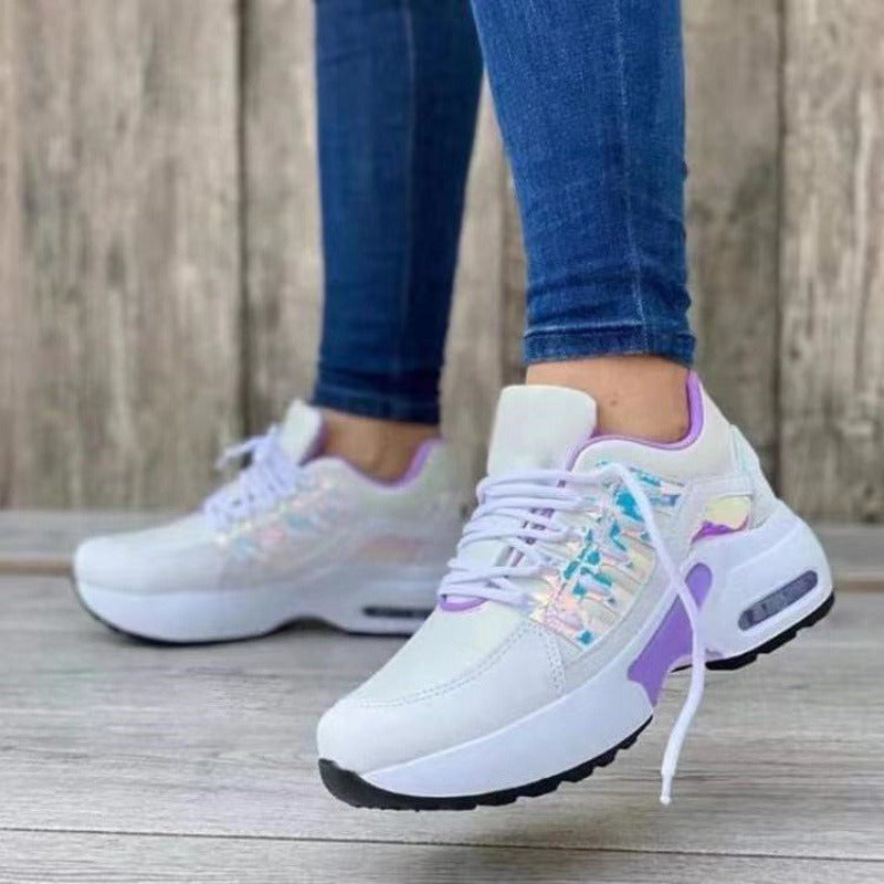 Scarpe sportive da donna con tacco a zeppa in tessuto fucsia-bianco, eleganti e comode