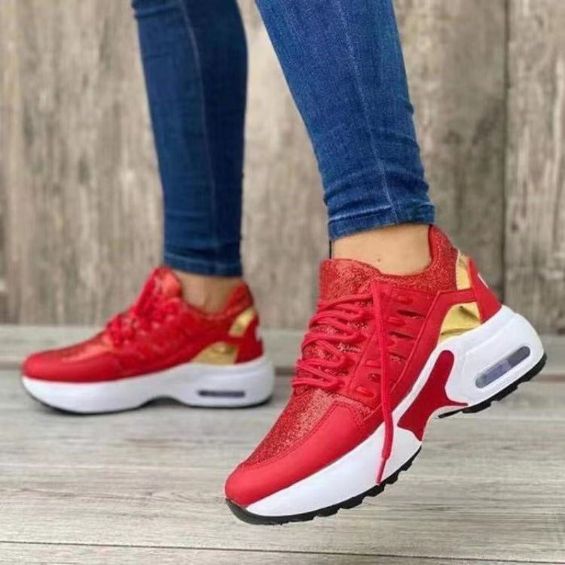 Scarpe sportive da donna con tacco a zeppa in tessuto rosso, eleganti e comode