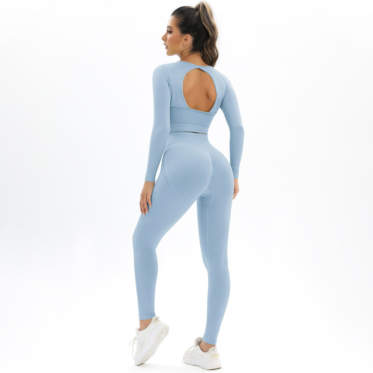 Set yoga maniche lunghe – top e leggings traspiranti LowEconomy colore turchese
