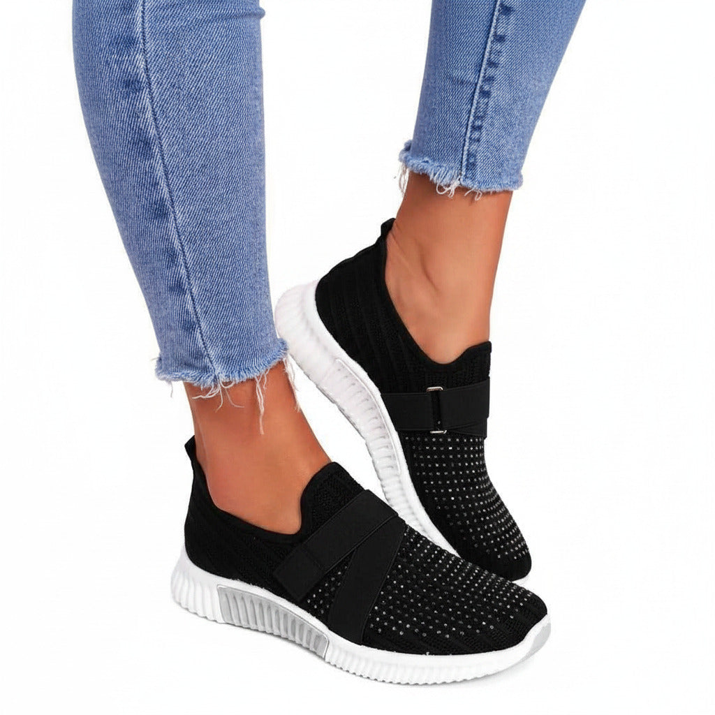 Scarpa sportiva per donna a strappo e brillantini, comoda senza lacci