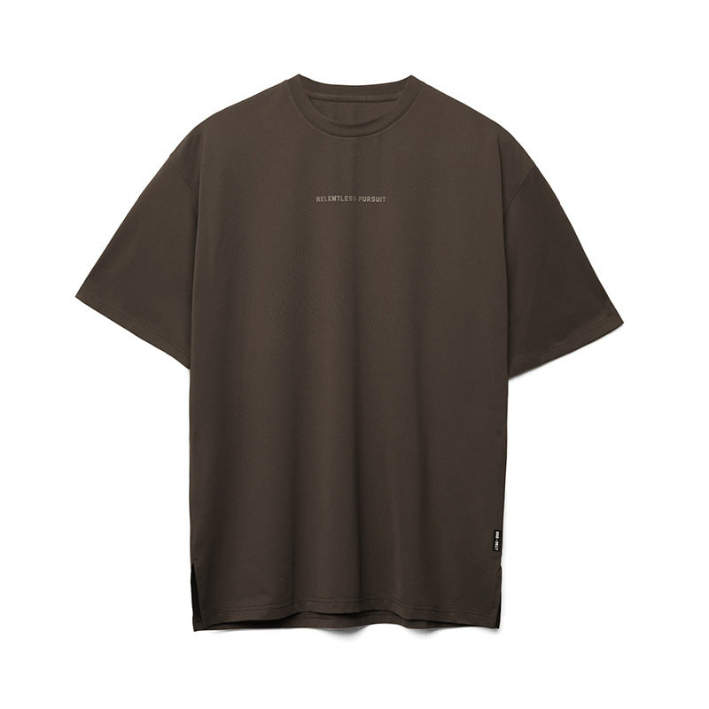 T-shirt girocollo da uomo a mezza manica in cotone marrone