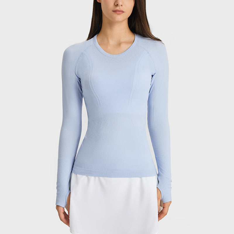 T-shirt sportiva da donna con scollo tondo e maniche lunghe, ideale per yoga e fitness