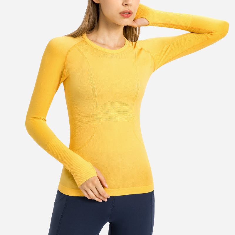 T-shirt sportiva da donna con scollo tondo e maniche lunghe, ideale per yoga e fitness