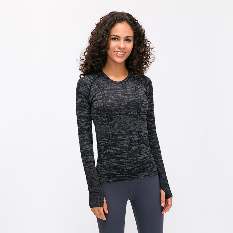 T-shirt sportiva da donna con scollo tondo e maniche lunghe, ideale per yoga e fitness